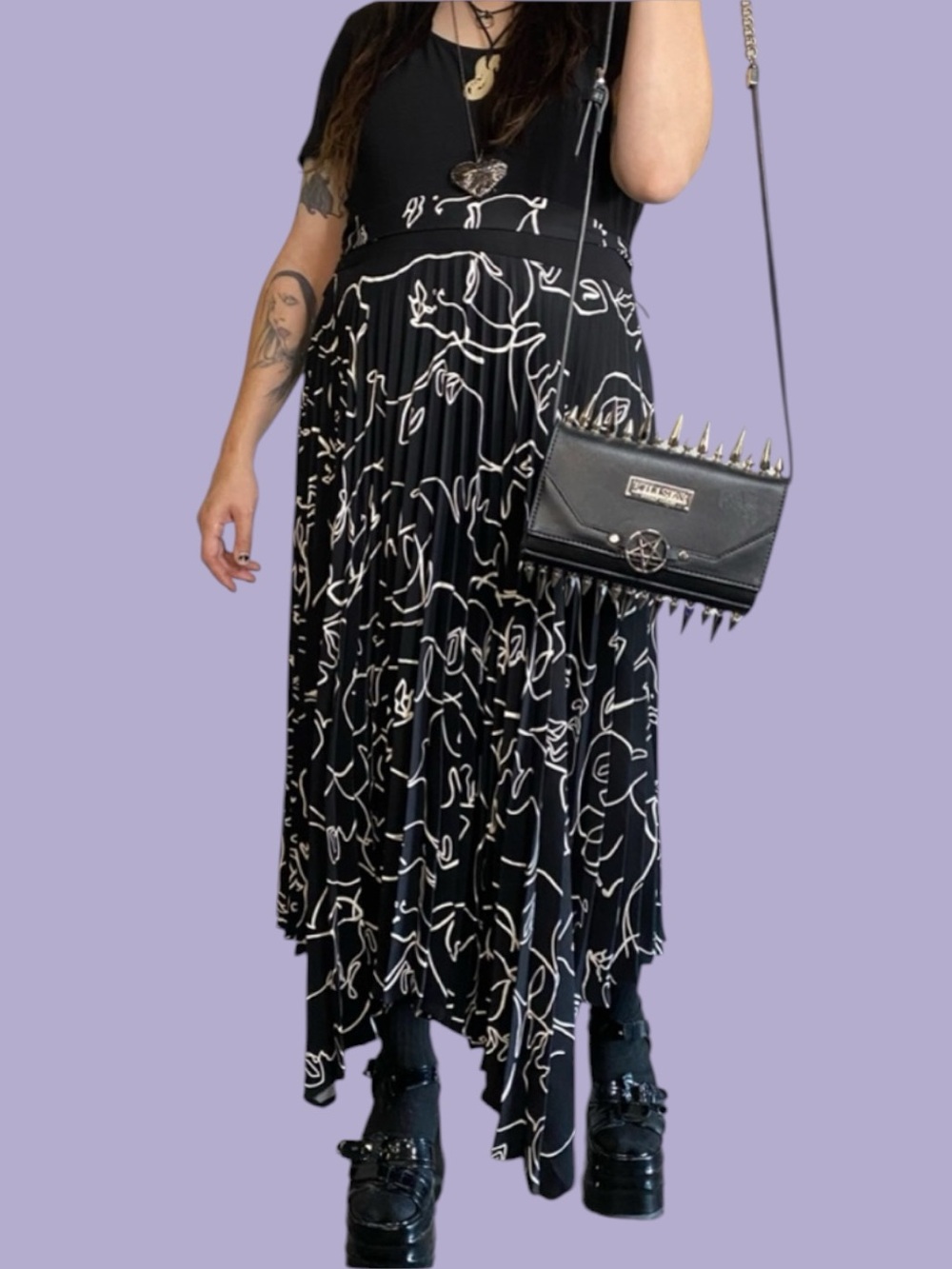 Vtg 1990s Designer Black and White Abstract Print Dress